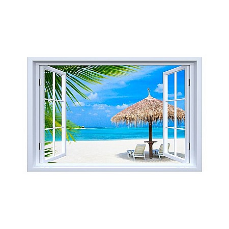 Sticker decorativ fereastra fantezie 3D plaja sezlong Maldive [0]