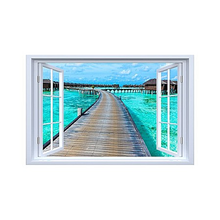 Stickere perete fereastra 3d - Sticker decorativ fereastra fantezie 3D ponton resort Maldive