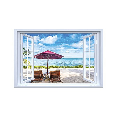 Stickere perete fereastra 3d - Sticker decorativ fereastra fantezie 3D sezlong cu vedere la mare
