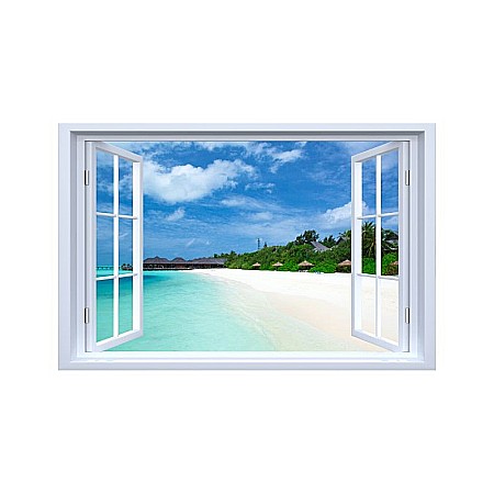 Sticker decorativ fereastra fantezie 3D vedere plaja Maldive [0]