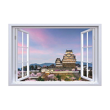 Stickere perete fereastra 3d - Sticker perete fereastra 3D castel japonia