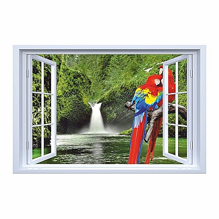 Stickere perete fereastra 3d - Sticker perete fereastra 3D pereche papagali casacada tropicala