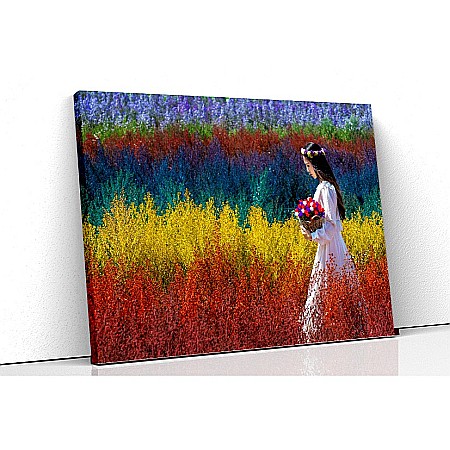 Tablouri canvas peisaje - Tablou canvas fata rochie alba in camp de flori curcubeu