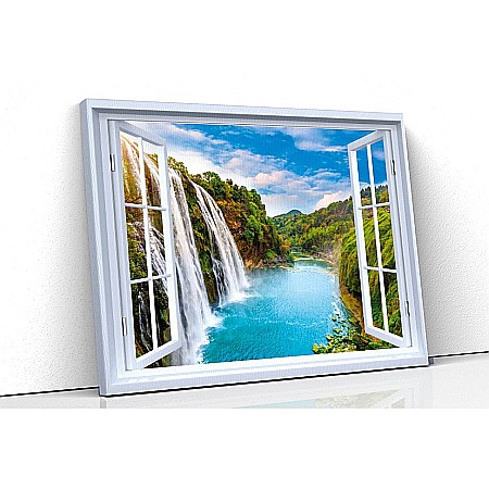 Tablou canvas fereastra - Tablou canvas fereastra cascada lac munte