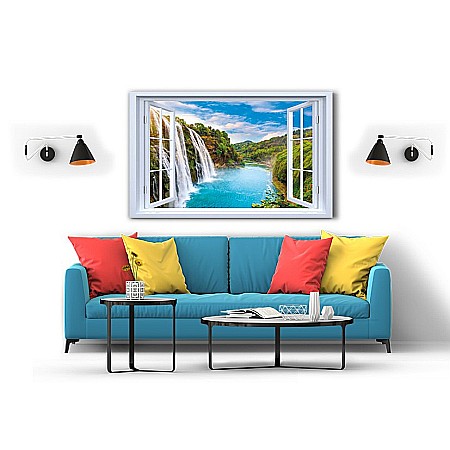 Tablou canvas fereastra cascada lac munte [1]