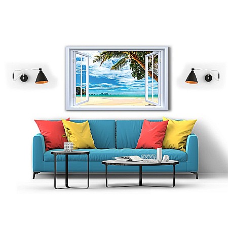 Tablou canvas fereastra palmier plaja [1]