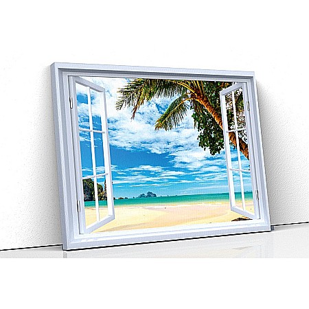 Tablou canvas fereastra - Tablou canvas fereastra palmier plaja