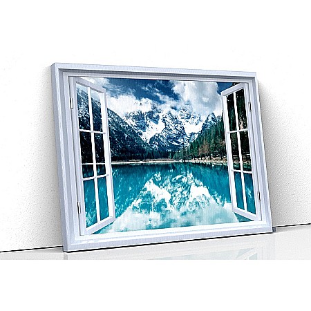 Tablou canvas fereastra - Tablou canvas fereastra reflexie munte in lac