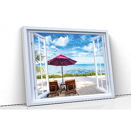 Tablou canvas fereastra - Tablou canvas fereastra sezlong cu vedere la mare