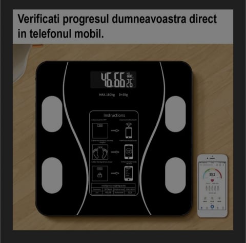 Electrocasnice Mici - Cantar Inteligent de Diagnostic Corporal din Sticla Securizata 4mm cu Banda de Masurat 150cm, 180kg, LCD, Bluetooth