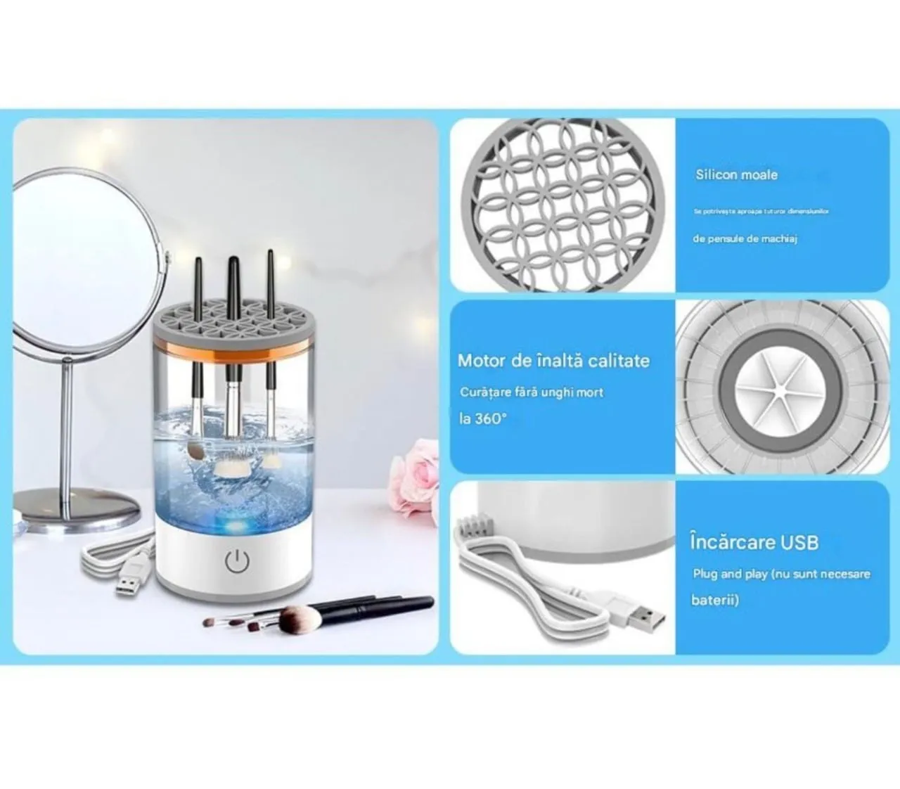 Aparat electric automatic pentru curățarea pensulelor de machiaj cu suport din silicon și alimentare USB [2]