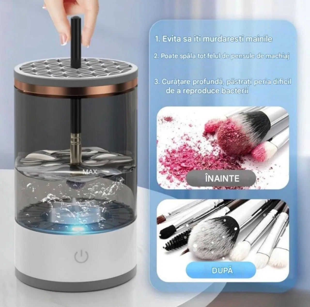Aparat electric automatic pentru curățarea pensulelor de machiaj cu suport din silicon și alimentare USB [4]