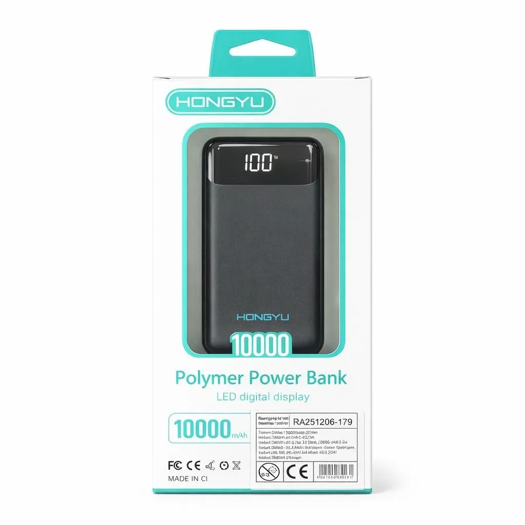 Baterie Externă Hongyu HY-CDB02 10000 mAh, Cabluri Integrate 4-în-1, Display LED Digital, Negru [3]