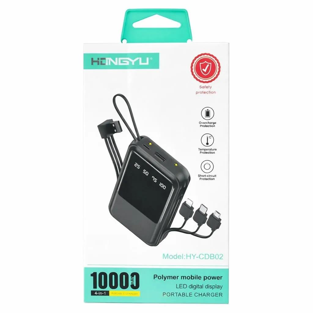 Baterie Externă Hongyu HY-CDB02 10000 mAh, Cabluri Integrate 4-în-1, Display LED Digital, Negru [2]