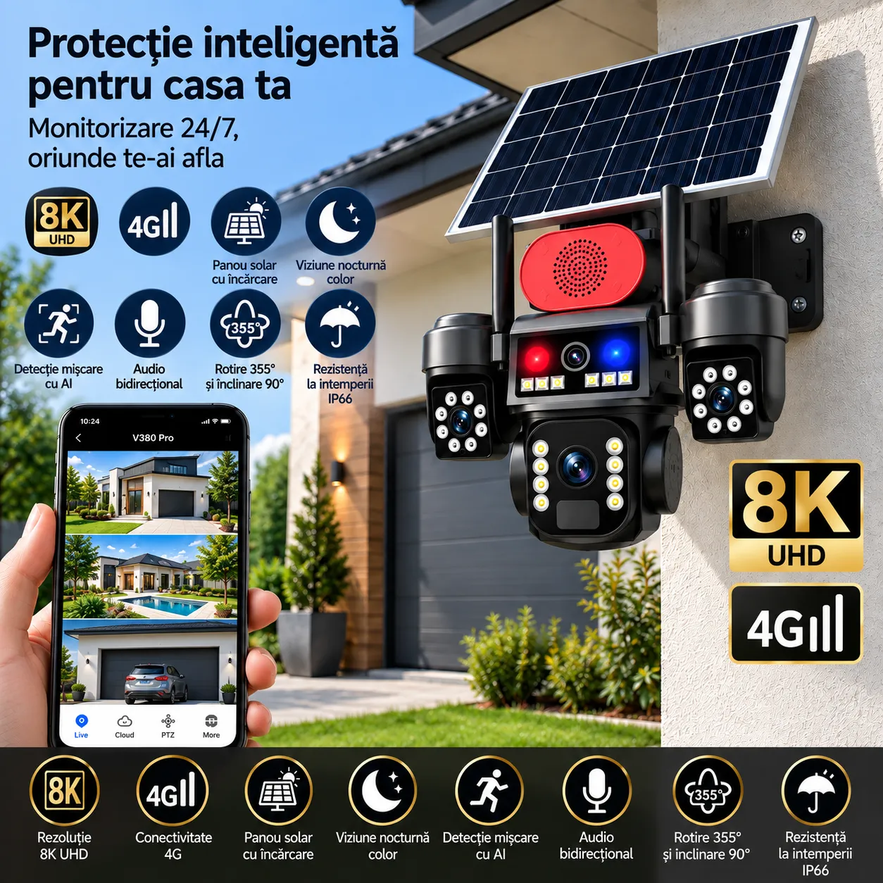 Cameră Supraveghere 4G cu Panou Solar Bibica Edition – Sistem Autonom tip Crocodil cu 3 Camere, Rezoluție 8K UHD și Alertă AI [3]