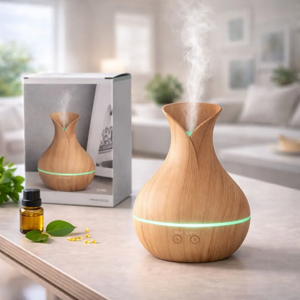 Difuzor de aromaterapie ultrasonic Bibica Edition crem cu efect de lemn, iluminare ambientală LED și rezervor de 200ml [2]