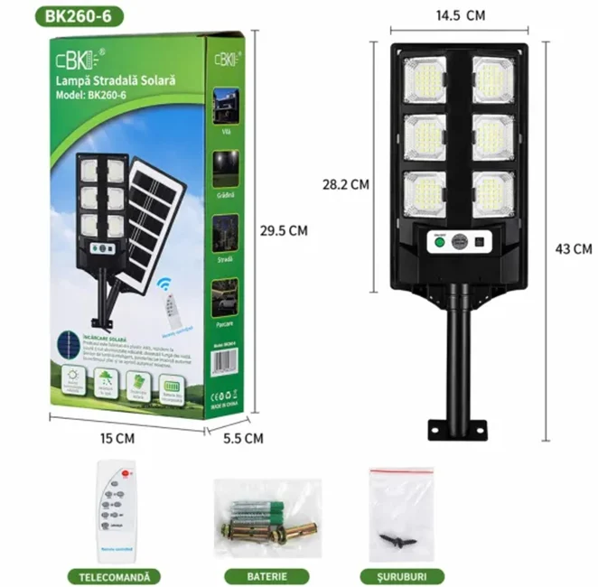 Lampă solară stradală 43 cm cu 6 module LED si telecomandă [2]