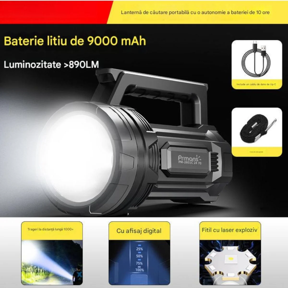 Lanternă profesională LED Bibica Edition cu afișaj digital și rază de 3000m [2]