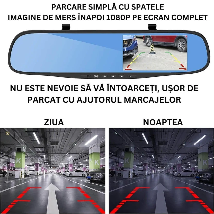 Pachet cameră auto DVR tip oglindă retrovizoare Bibica Edition cu rezoluție Full HD 1080P și cameră de spate inclusă [2]