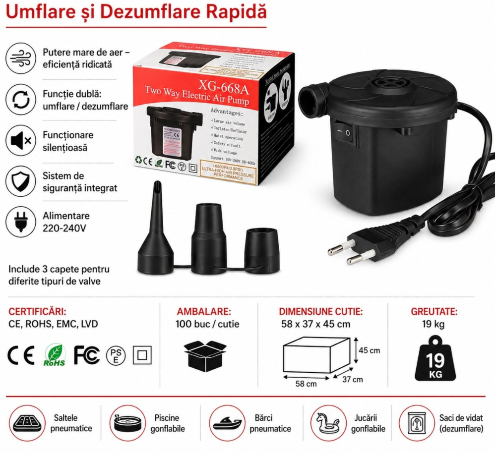 Pompă de aer electrică de umflat gonflabile de 11x9 cm cu adaptoare 220V și 12V auto și 3 duze [2]