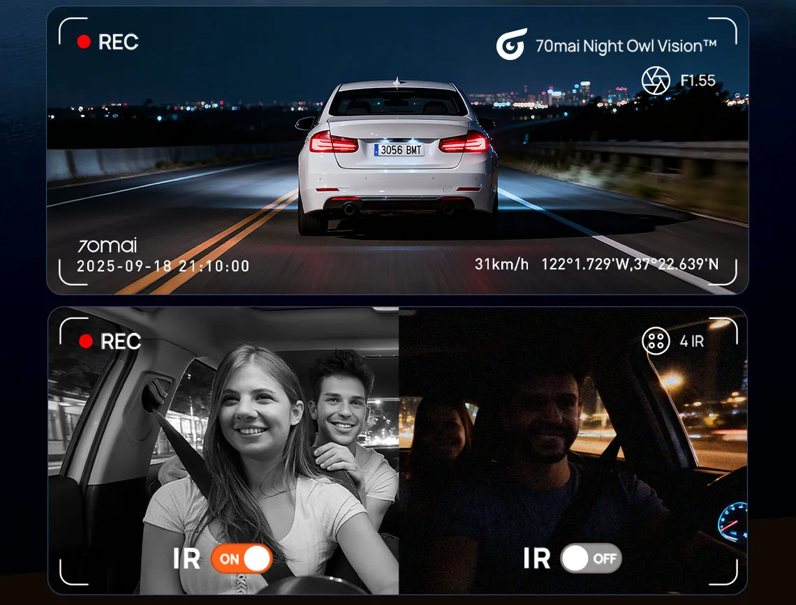 Sistem de camere auto triplu 70mai T400-1 cu înregistrare simultană pe 3 canale (Față 2K, Interior FHD și Spate FHD). Cameră de bord profesională ideală pentru ridesharing, flote sau uz personal. Dotată cu iluminare infraroșu (IR) pentru habitaclu, GPS integrat cu 5 benzi, ecran IPS de 1.9 inch și conectivitate rapidă Wi-Fi 6. Funcționează pe bază de supercapacitor pentru o rezistență termică maximă la temperaturi extreme. Include cameră pentru lunetă RC21 și senzor G pentru impact. [9]