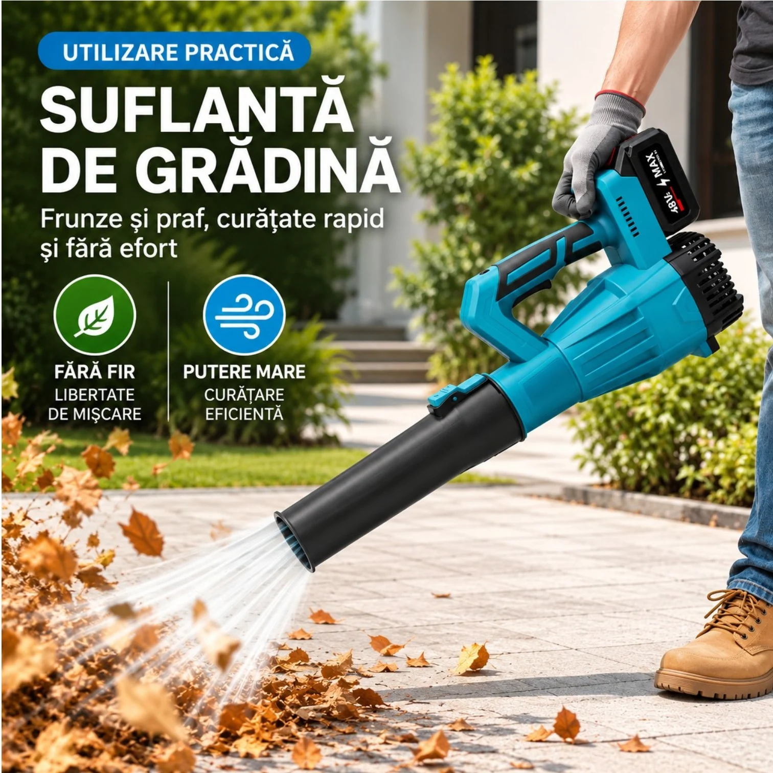 Suflantă de Aer Portabilă 48V, cu 2 Acumulatori, Lungime 78cm, 18000 RPM [5]