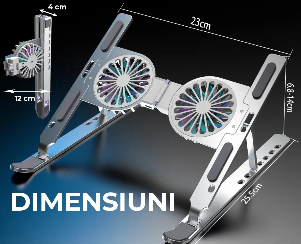 Stand Laptop cu Cooler Dublu Detașabil Bibica, din Aluminiu, Ergonomic și Pliabil, Diagonala 10-15.6 inch, Argintiu [3]