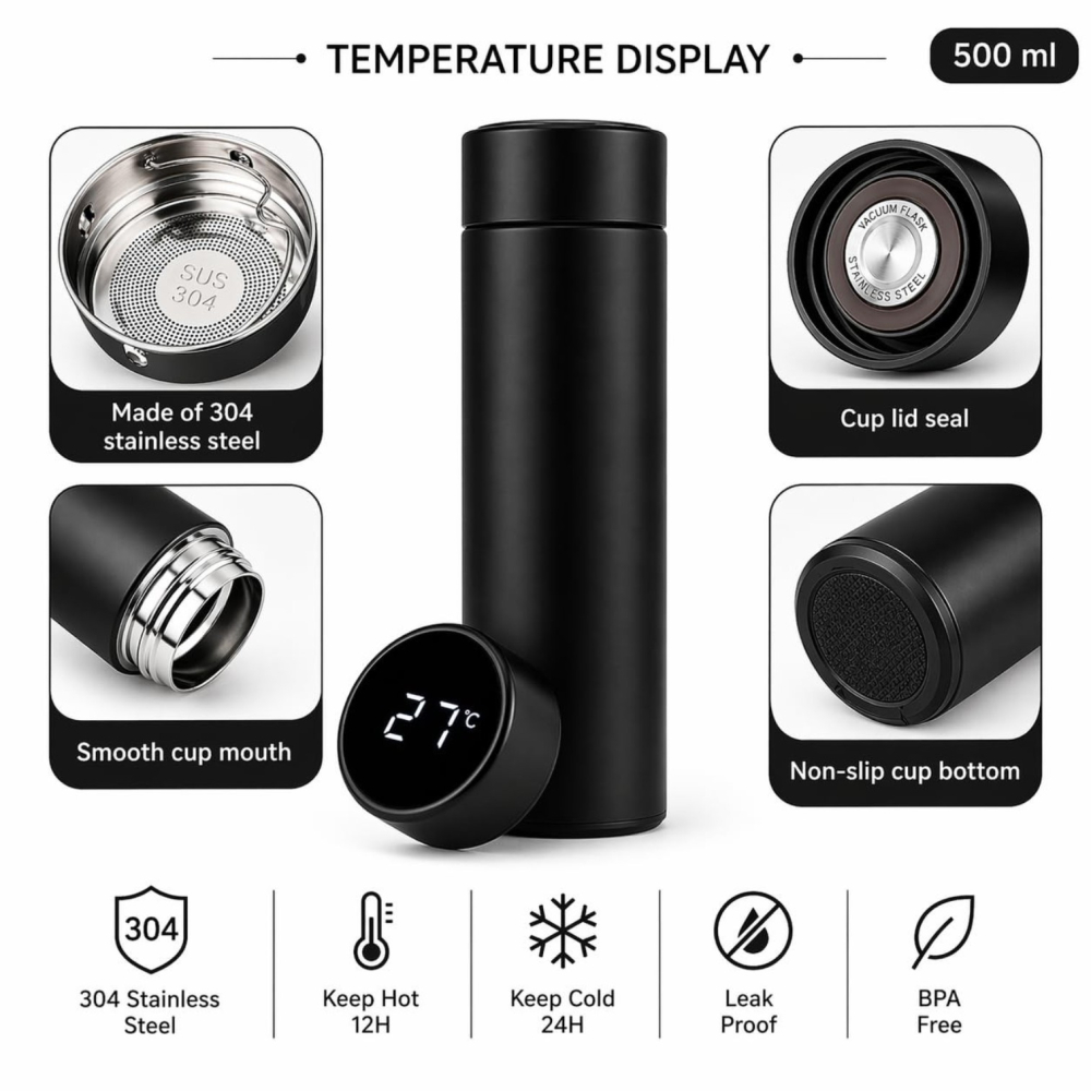 Termos inteligent din oțel inoxidabil de 500ml cu afișaj LED activ al temperaturii pe capac [2]