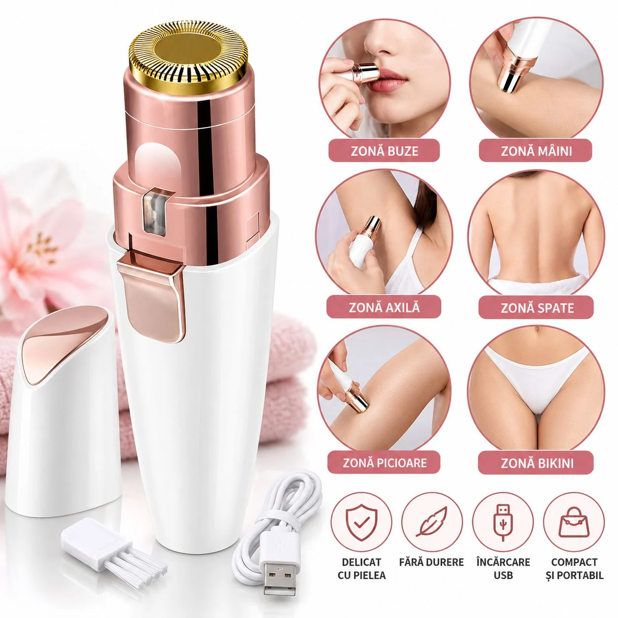 Aparat Electric 2-în-1 Epilare Facială și Sprâncene, Reîncărcabil USB, Lumină LED, Alb/Rose Gold [3]