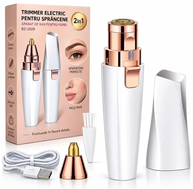 Îngrijire personală - Aparat Electric 2-în-1 Epilare Facială și Sprâncene, Reîncărcabil USB, Lumină LED, Alb/Rose Gold