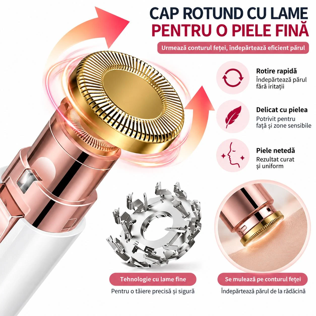 Aparat Electric 2-în-1 Epilare Facială și Sprâncene, Reîncărcabil USB, Lumină LED, Alb/Rose Gold [1]