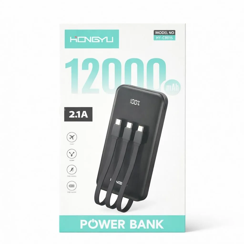 Baterie externă Hongyu de 12000 mAh pe culoarea neagră cu cele patru cabluri de încărcare integrate în carcasă [1]