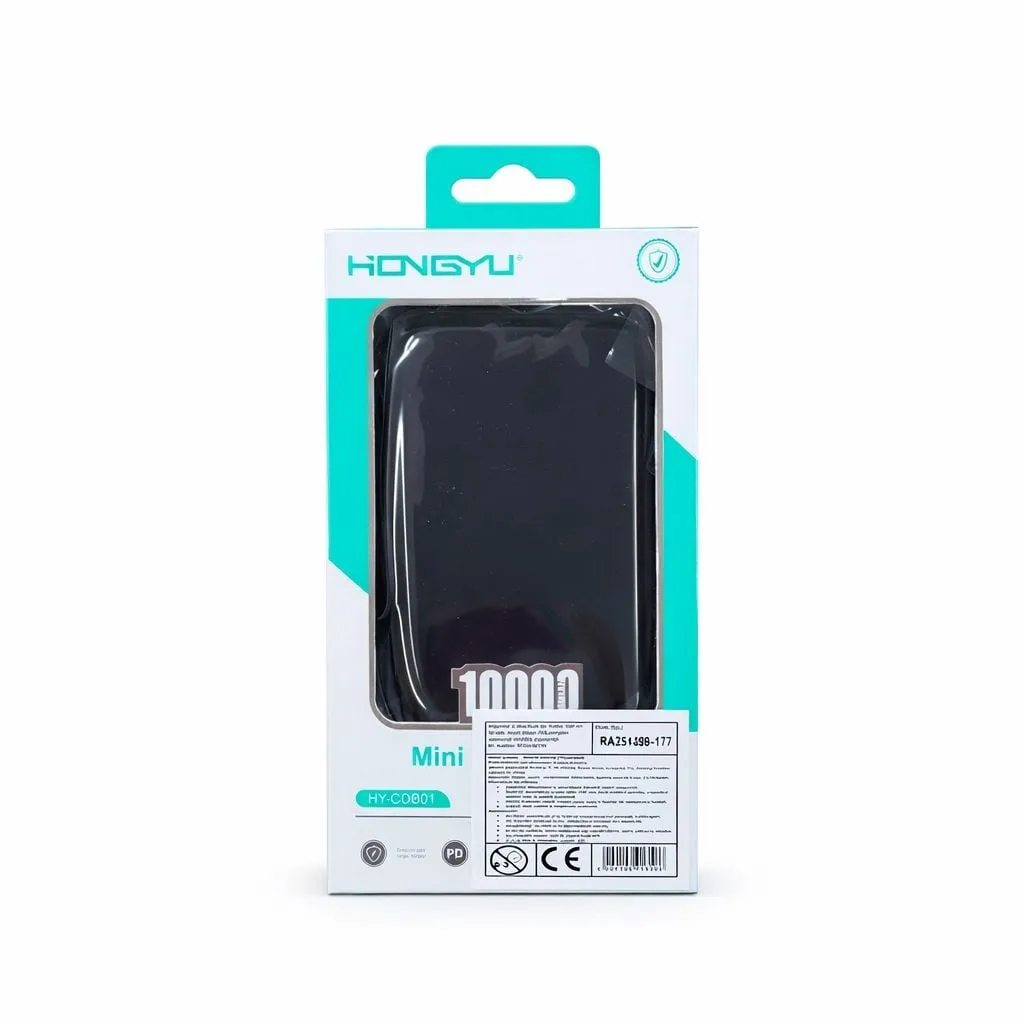 Baterie Externă Mini Hongyu 10000 mAh Fast Charge, Cabluri Integrate 4-în-1, Display LED, Negru [1]