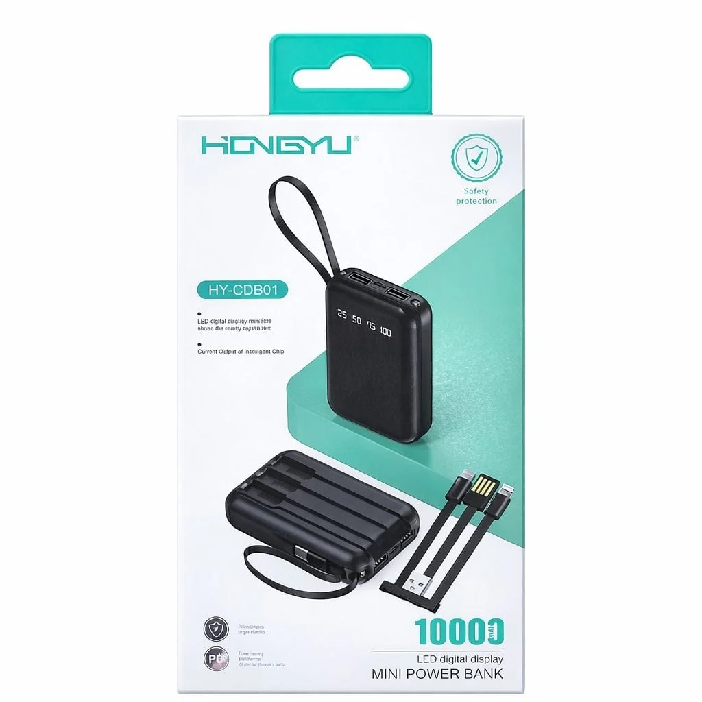 Baterie Externă Mini Hongyu 10000 mAh Fast Charge, Cabluri Integrate 4-în-1, Display LED, Negru [2]