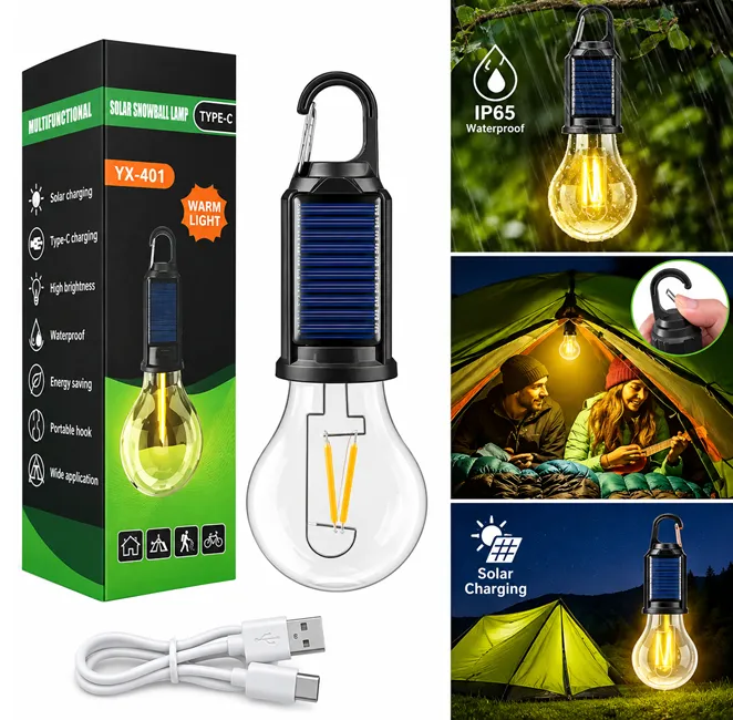 Lămpi led și panouri solare - Bec Portabil Camping 19cm Solar și USB