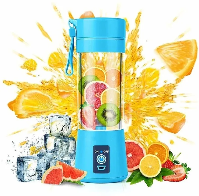 Electronice mici - Blender portabil electric albastru din seria Bibica Edition cu acumulator de 2000 mAh reîncărcabil prin USB și pornire prin dublu-click