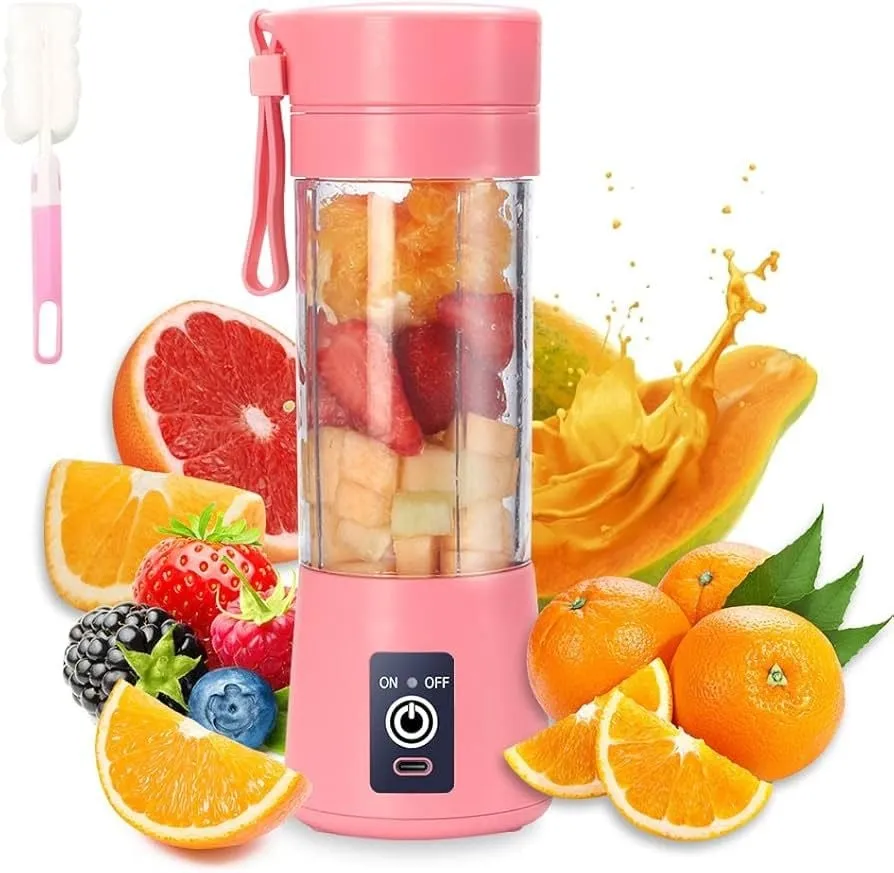 Blender portabil electric roz din seria Bibica Edition cu acumulator de 2000 mAh reîncărcabil prin USB și pornire prin dublu-click [1]