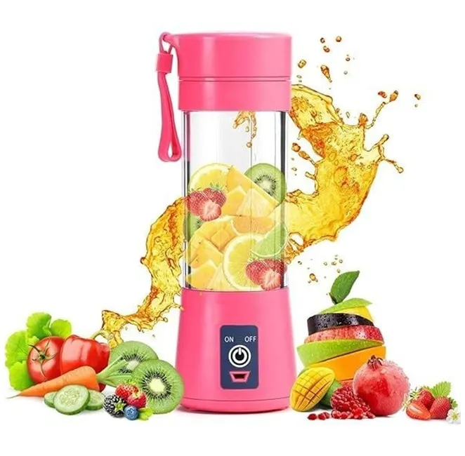 Electronice mici - Blender portabil electric roz din seria Bibica Edition cu acumulator de 2000 mAh reîncărcabil prin USB și pornire prin dublu-click