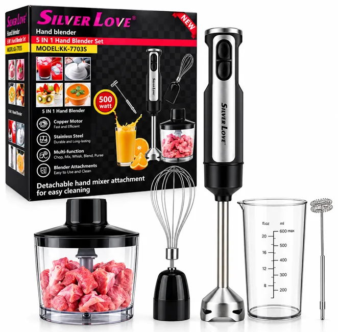 Electronice & electrocasnice - Blender vertical multifuncțional 5 în 1 Silver Love de 500W cu toate accesoriile incluse în set
