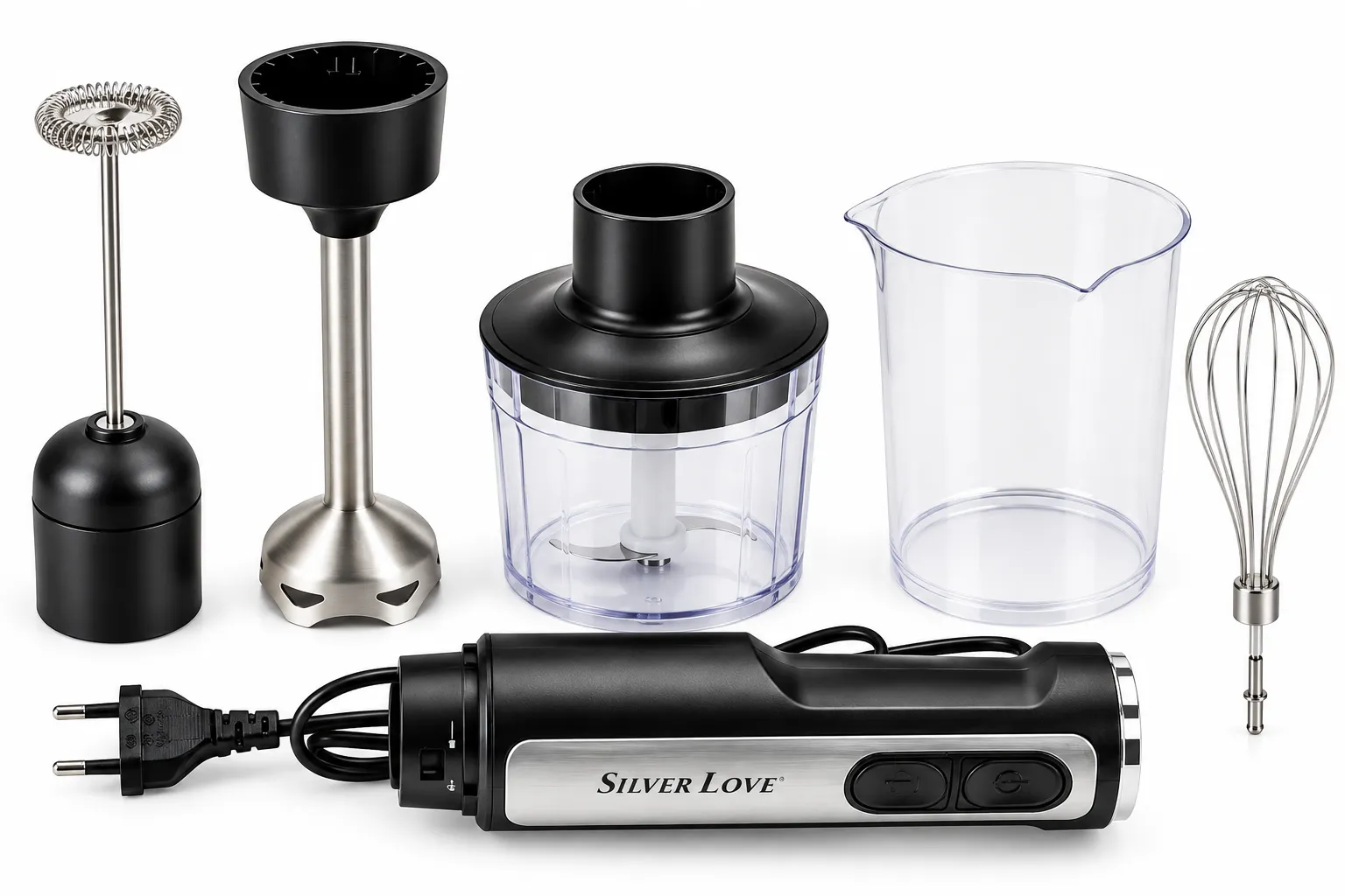 Blender vertical multifuncțional 5 în 1 Silver Love de 500W cu toate accesoriile incluse în set [1]