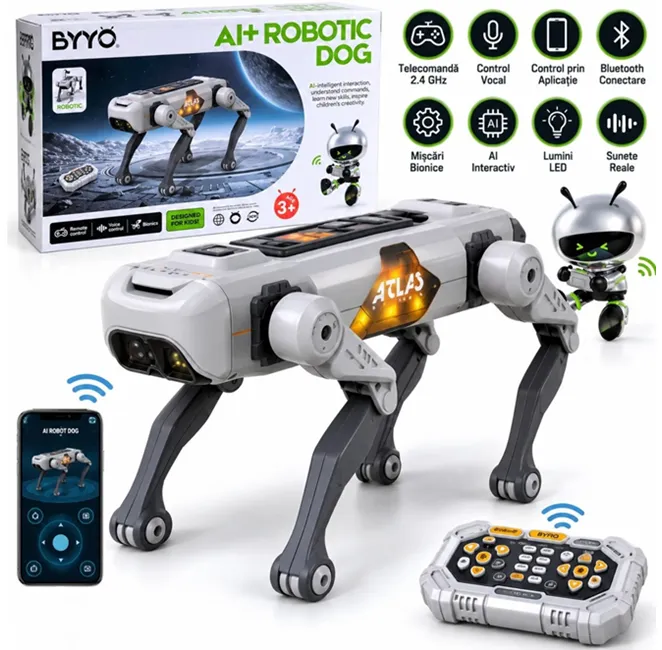 Jucării tehnologice și roboți inteligenți - Câine robot inteligent cu Inteligență Artificială Bibica Edition model 8877, lungime 30 cm, cu telecomandă și control prin aplicație