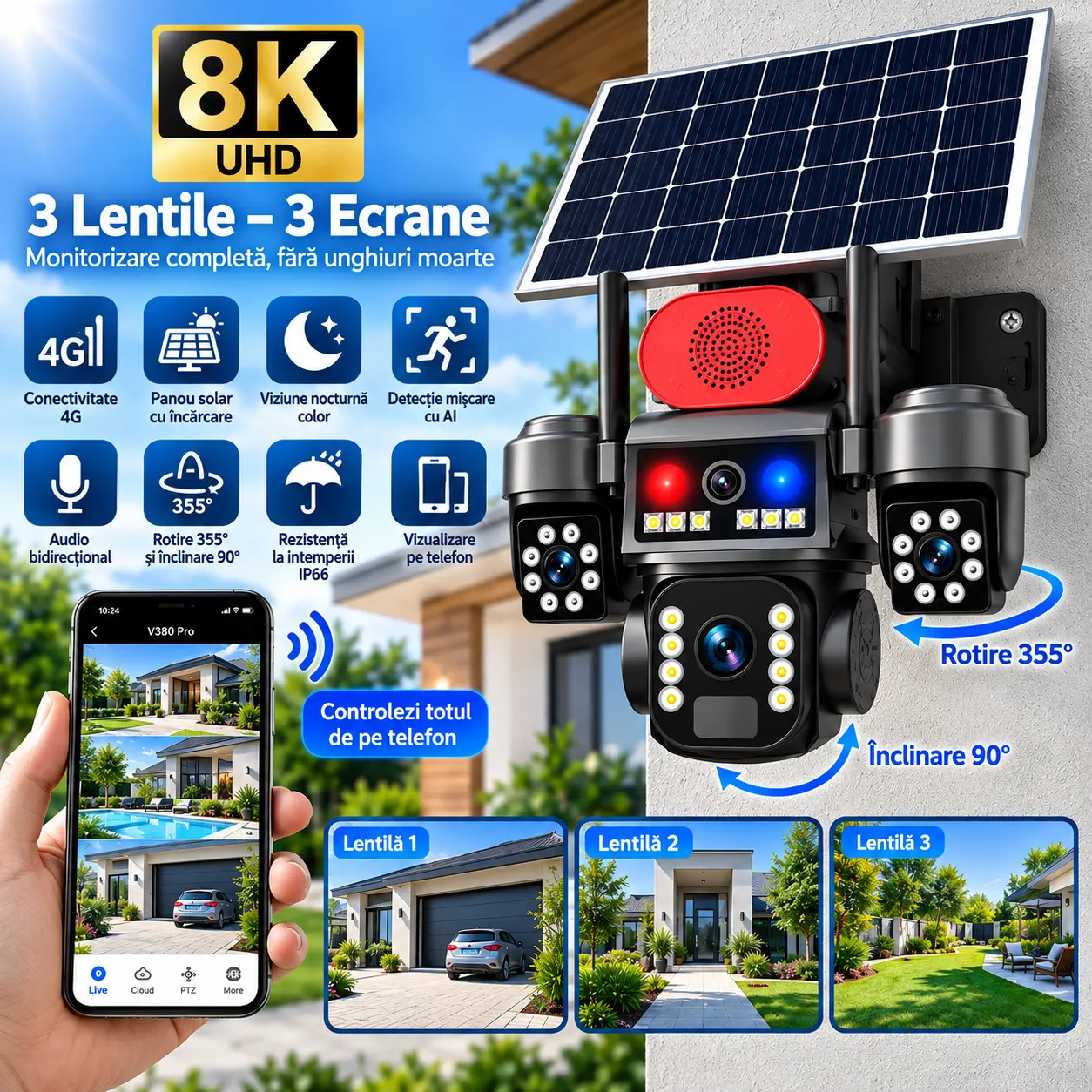 Cameră Supraveghere 4G cu Panou Solar Bibica Edition – Sistem Autonom tip Crocodil cu 3 Camere, Rezoluție 8K UHD și Alertă AI [1]