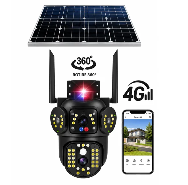 Camere video - Cameră de supraveghere exterioară 4G cu panou solar Bibica Edition, lentilă dublă și vizualizare pe 2 ecrane