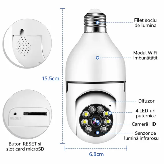 Cameră supraveghere Wi-Fi panoramică tip bec E27 [2]