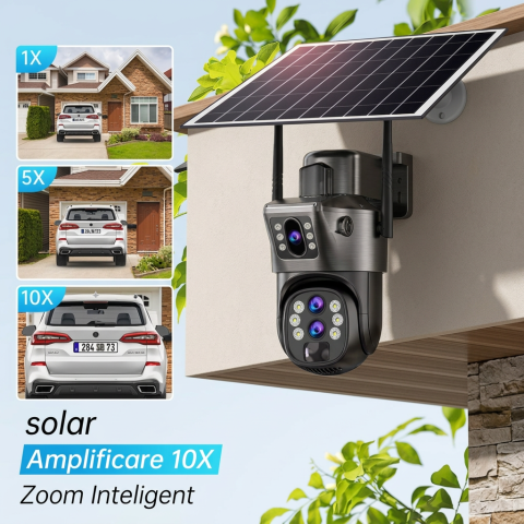 Cameră Supraveghere Exterioară Wi-Fi Solară 12MP, Zoom Optic 10X, Detecție Facială, Auto Tracking PTZ 355°, Vedere Nocturnă Color, Protecție IP66 [1]