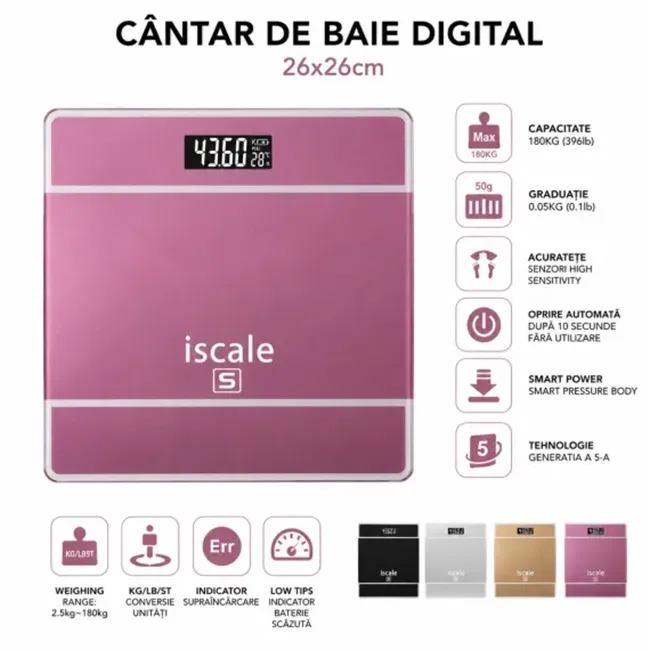 Electronice & electrocasnice - Cântar electronic digital de baie Bibica Edition din sticlă securizată roz de 26x26 cm cu afișaj LCD