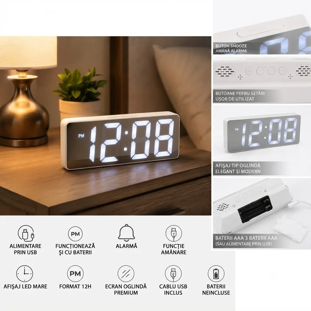 Ceas digital LED Bibica Edition cu afișaj oglindă și cifre mari pe noptieră [1]
