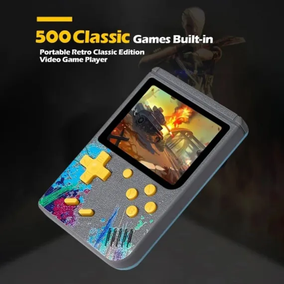 Consolă portabilă G5S Retro Gaming Bibica Edition în culori gri și albastru, cu ecran HD de 3.0 inch aprins și butoane de control ergonomice [1]