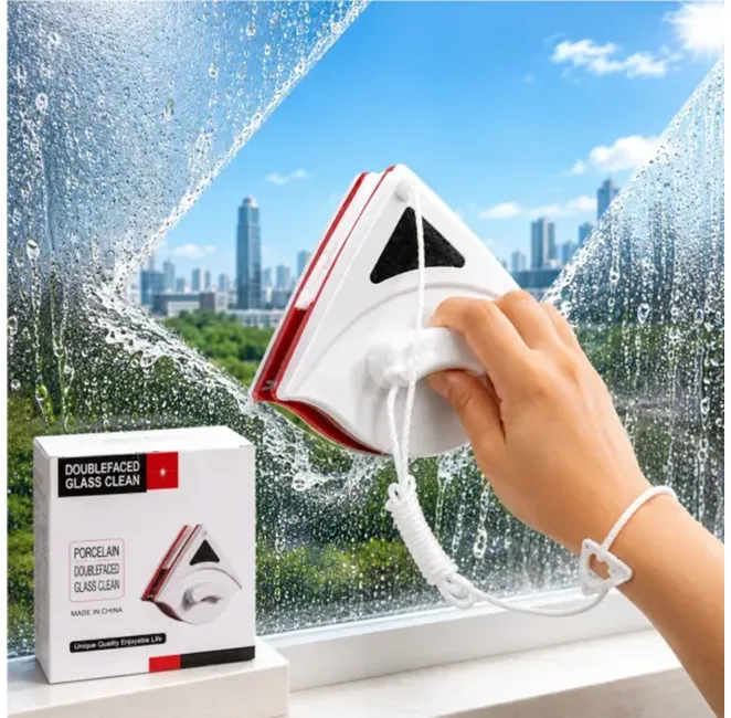 Accesorii casa - Curățător magnetic pentru geamuri cu două fețe Bibica Edition de 16 cm, dispozitiv triunghiular în culoare alb cu roșu, dotat cu șnur de siguranță anti-cădere