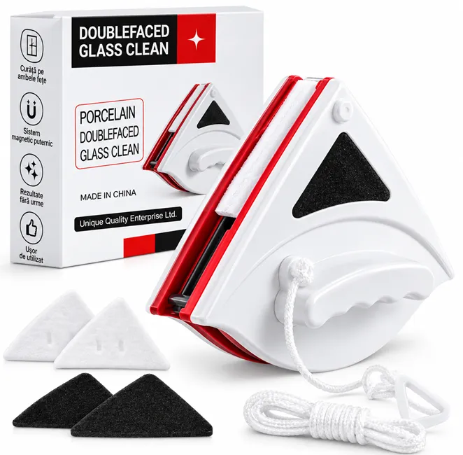 Accesorii casă - Curățător magnetic pentru geamuri cu două fețe Bibica Edition de 16 cm, dispozitiv triunghiular în culoare alb cu roșu, dotat cu șnur de siguranță anti-cădere